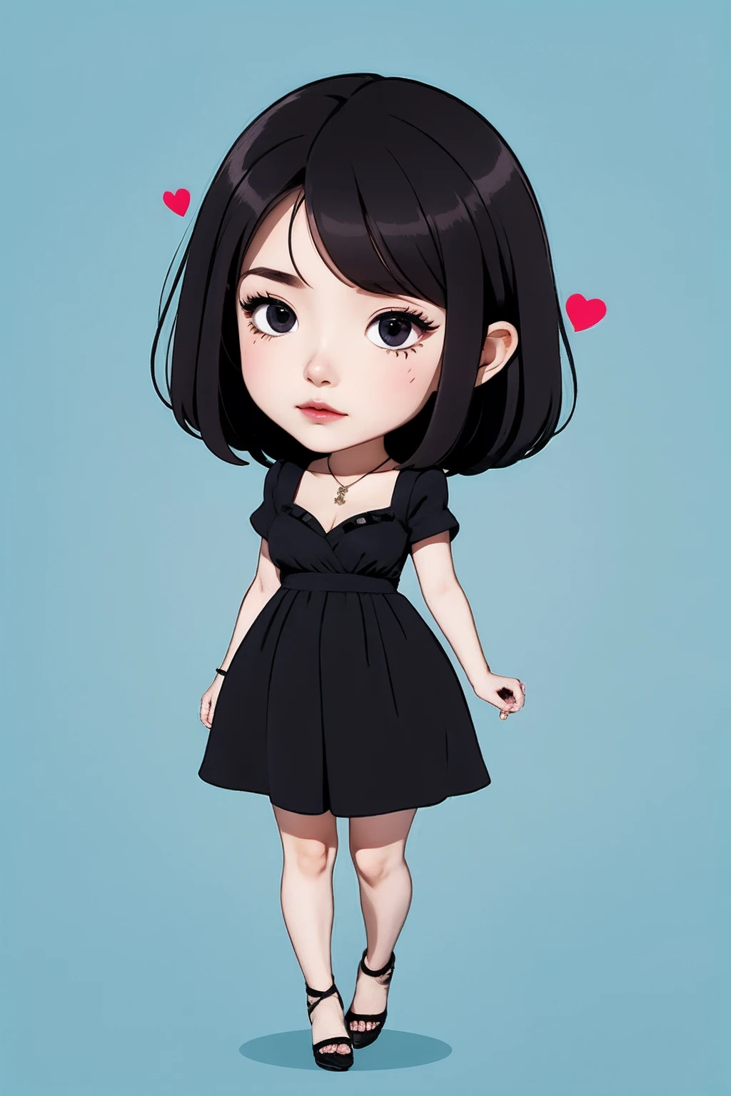 <lora:AgainChibiLora_v1:1>,1girl, 1boy, solo, mole under eye, jewelry, mole, heart, black hair, necklace, dress, black eyes, black dress, black footwear, full body, breasts,