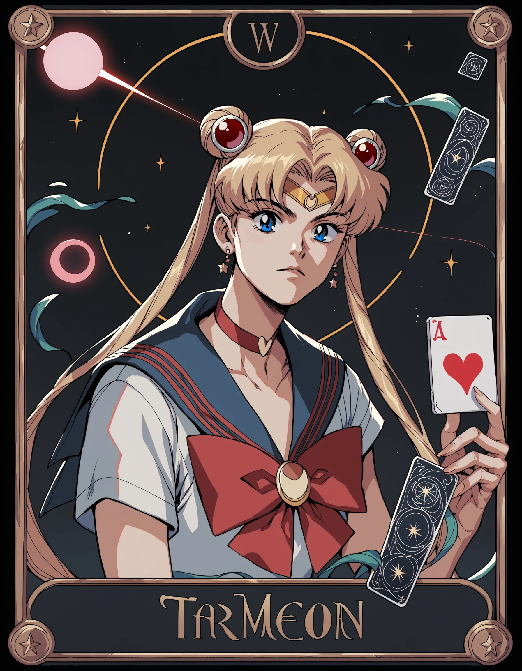 score_9, score_8_up, score_7_up, score_6_up, score_5_up, score_4_up, TarotCard Style, Sailor Moon, source_anime, glowing, retro art style, card border, roman numerals, Tarot Card, <lora:Tarot-CardPonyXL:0.8>