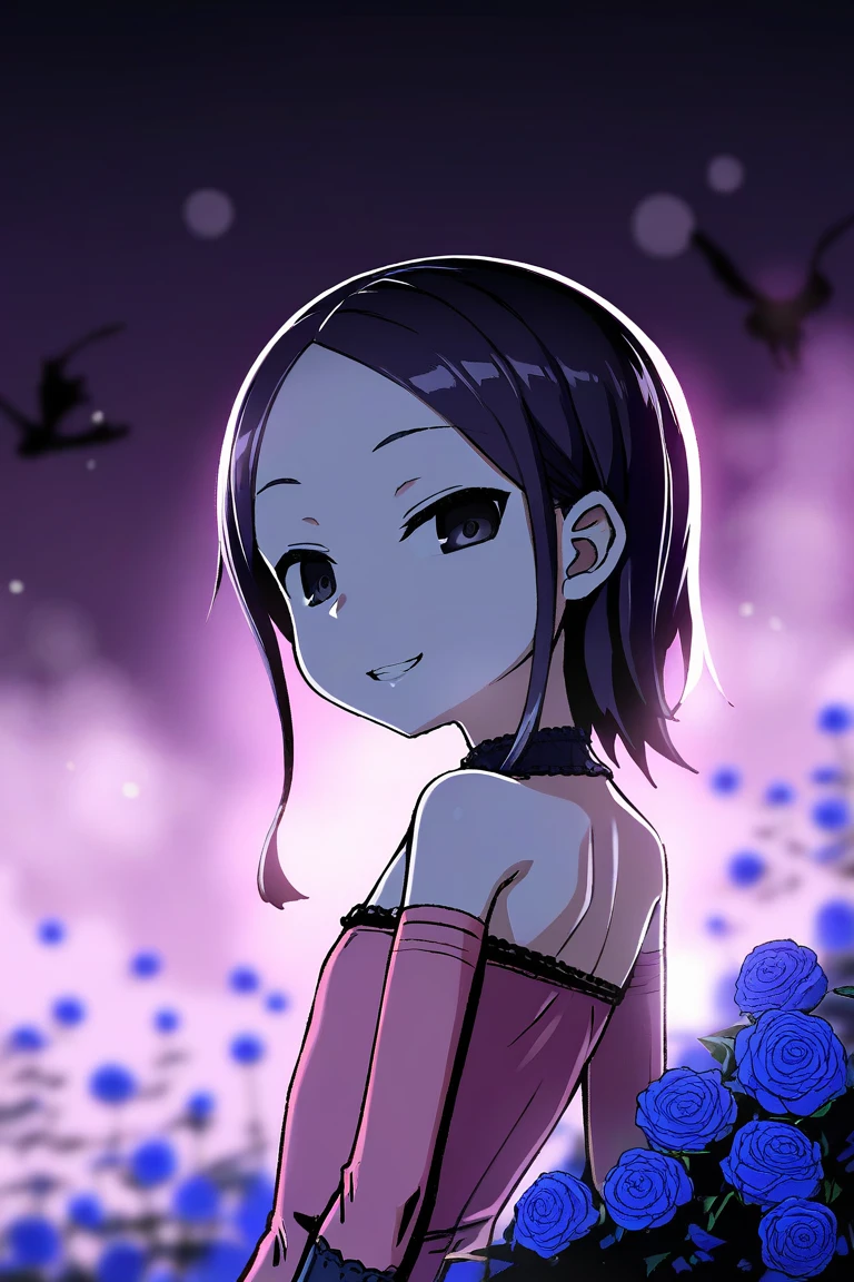 score_9, score_8_up, score_7_up, rating_safe BREAK
1girl, solo, pink and black theme, dark, upper body, side face, grin, parted lips, looking back, floating hair, pink dress, bare shoulders,(delicate and beautiful eye), forehead, flat chest, gothic fashion, blue rose, fog, fireflies, underlighting, bokeh, blurry background, strong visual impact, film lighting, from side