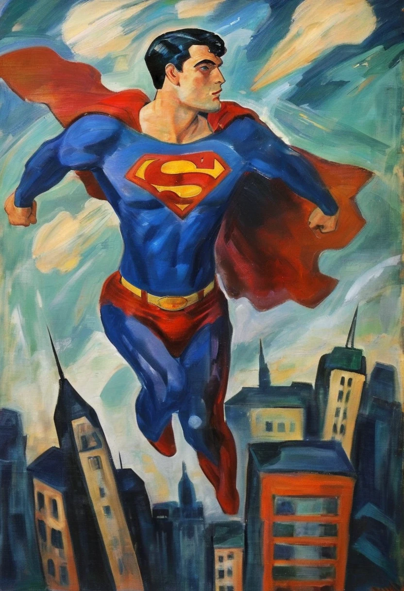 expressionist painting of superman in flight over metropolis