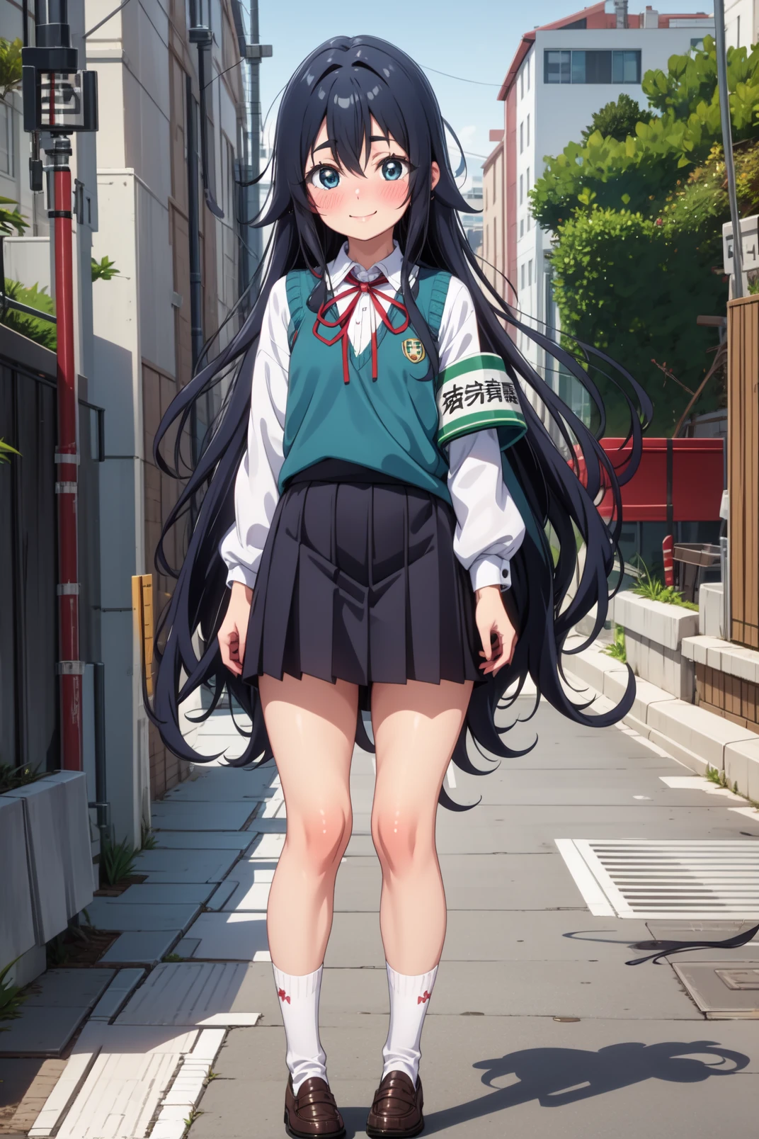 solo, masterpiece, best quality, outdoors, street, blush, small breasts, smile, closed mouth, shizuka, blue eyes, black hair, long hair, very long hair, hair between eyes, messy hair, school uniform, sweater vest, white shirt, long sleeves, armband, neck ribbon, red ribbon, skirt, white socks, loafers, brown footwear