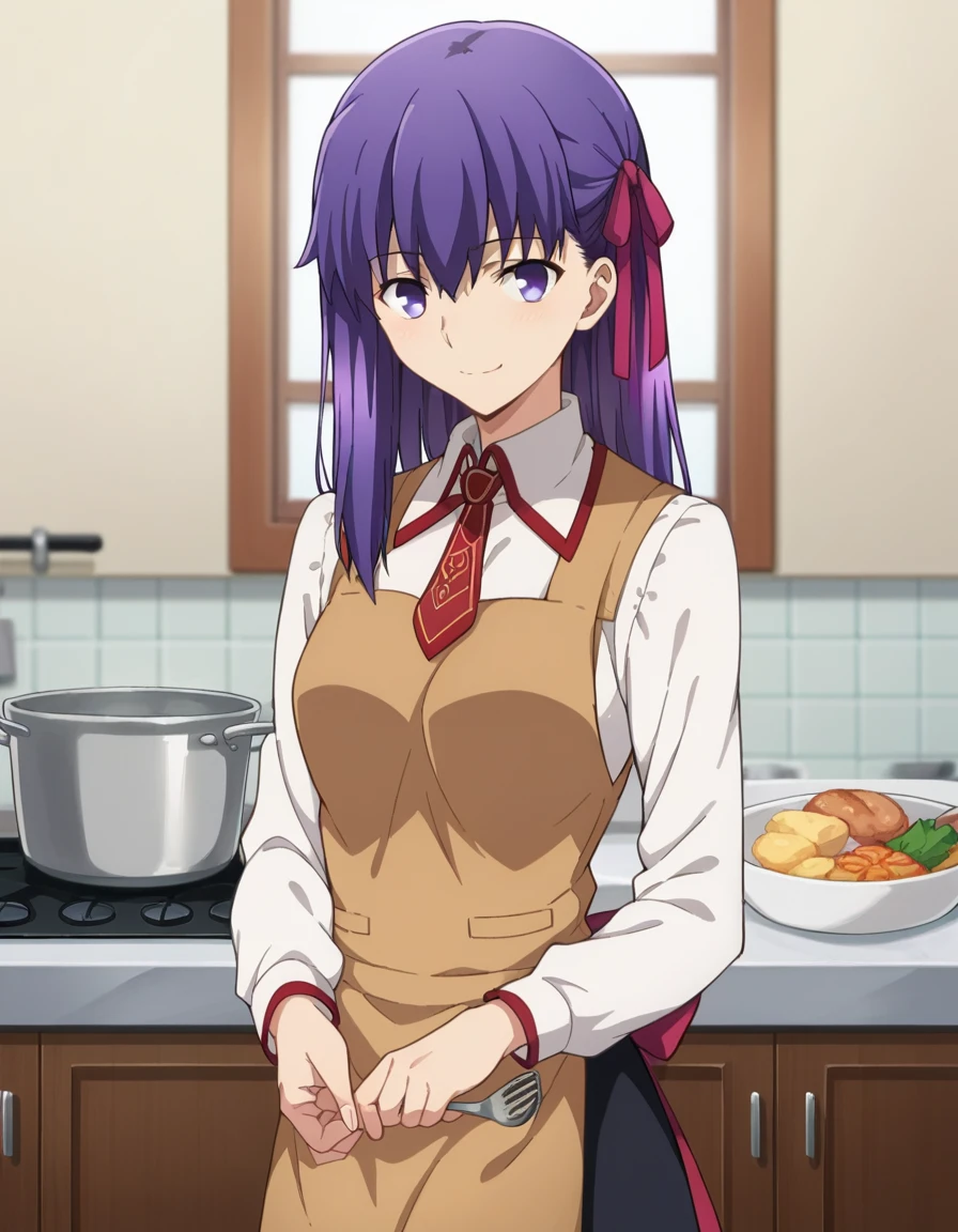 score_9, score_8_up, score_7_up, source_anime,
sakuramatou, <lora:sakura-matou-hf-ponyxl-lora-nochekaiser:1>,
sakura matou, long hair, purple eyes, purple hair, ribbon, hair ribbon, red ribbon, smile,
shirt, white shirt, collared shirt, long sleeves, neckertie, red neckertie, vest, light brown vest, skirt, black skirt, apron,
indoors, kitchen, food, cooking,
looking at viewer, dutch angle, cowboy shot,
