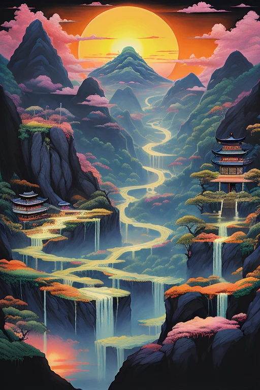 Chinese landscape painting, Circle Background, a map with Chinese Lushan Mountain, a painting of a waterfall with a sunset in the background and a waterfall in the foreground with a mountain and a river running through it,