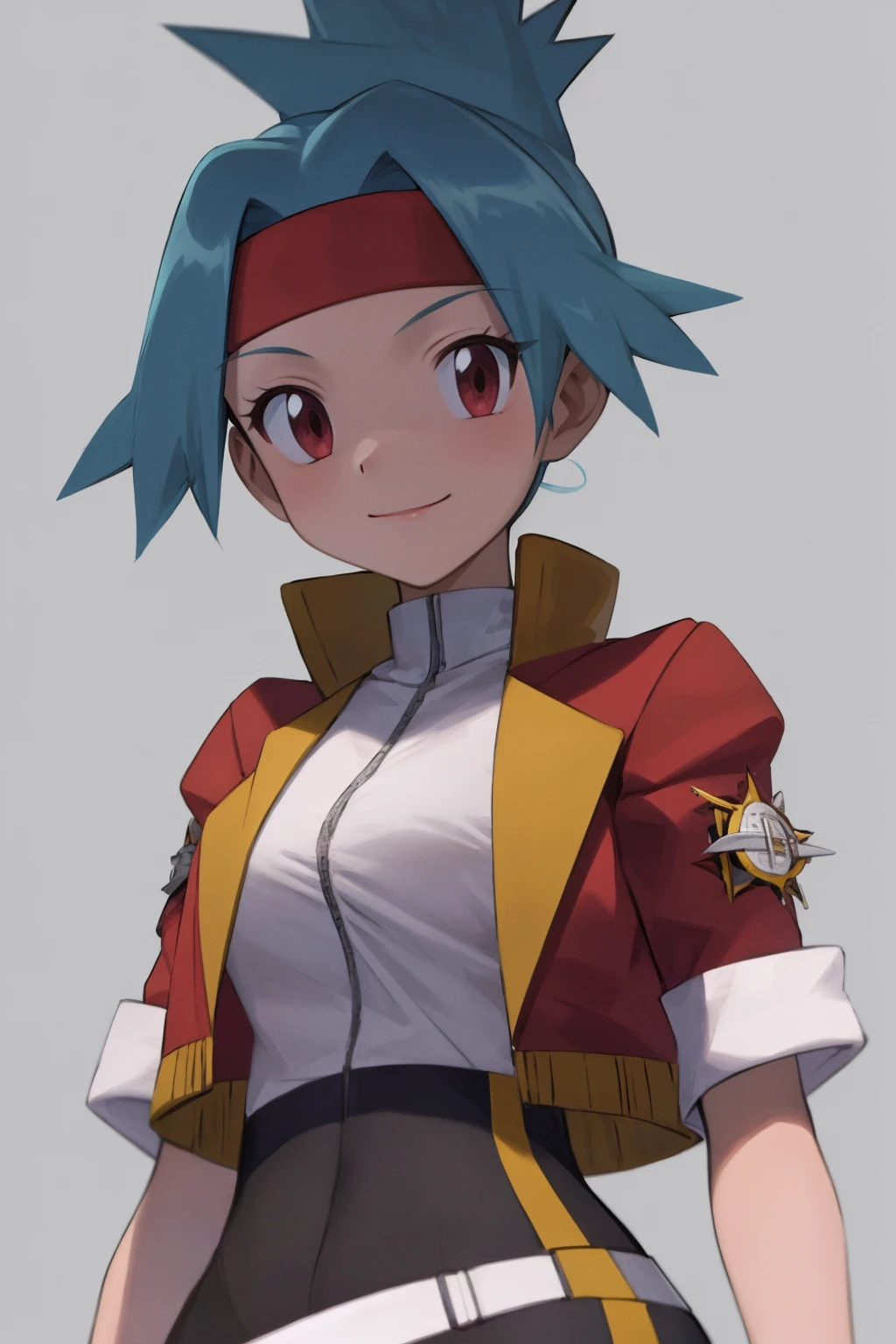 (masterpiece, best quality:1.2), solo, 1girl, solana, smile, looking at viewer, headband, cropped jacket, short sleeves, fingerless gloves, black thighhighs, belt <lora:pokemon_solana-10:1>