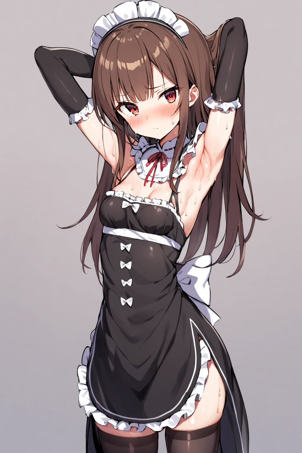 waki, armpits, solo, 1girl, sweat, maid uniform, brown hair, white background, blush, long hair, simple background, thighhighs, breasts, red eyes, small breasts, looking at viewer, black thighhighs, closed mouth, arms up, arms behind head, bangs, <lora:Armpits_LoRAV3:0.5>
