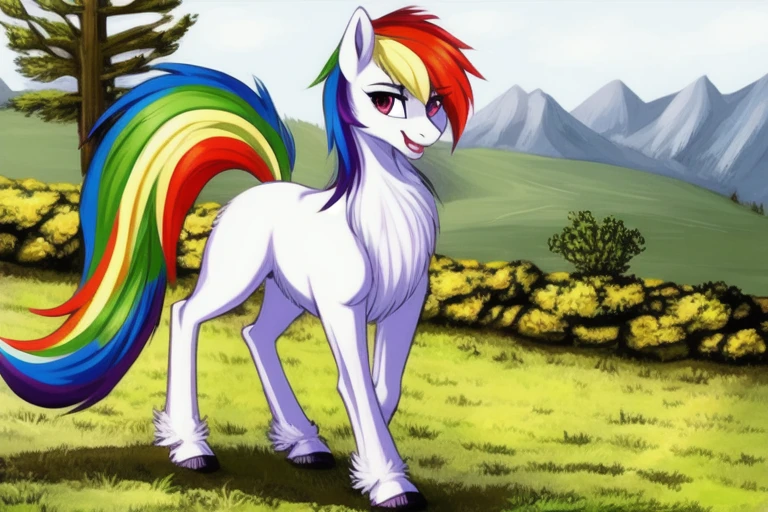 feral pony (((rainbow dash))) (masterpiece, best quality:1.1), ((fluffy tail)), (((perfect anatomy))), (((pony))),