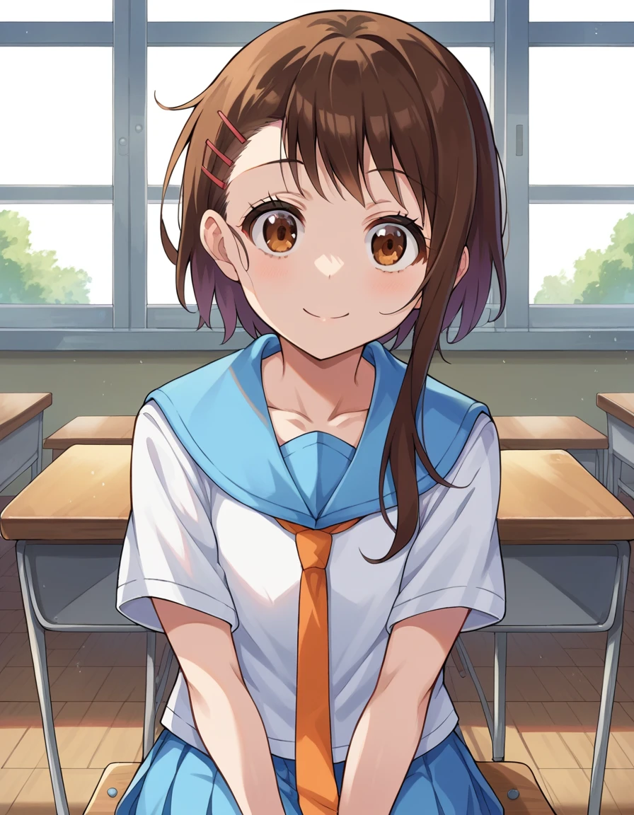 score_9, score_8_up, score_7_up, source_anime,
kosakionodera, <lora:kosaki-onodera-ponyxl-lora-nochekaiser:1>,
kosaki onodera, short hair, bangs, brown hair, brown eyes, short hair with long locks, asymmetrical hair, smile,
skirt, shirt, thighhighs, school uniform, collarbone, white shirt, pleated skirt, necktie, serafuku, sailor collar, blue skirt, blue sailor collar, orange necktie,
indoors, classroom, sitting, chair, desk,
looking at viewer, cowboy shot, dutch angle,