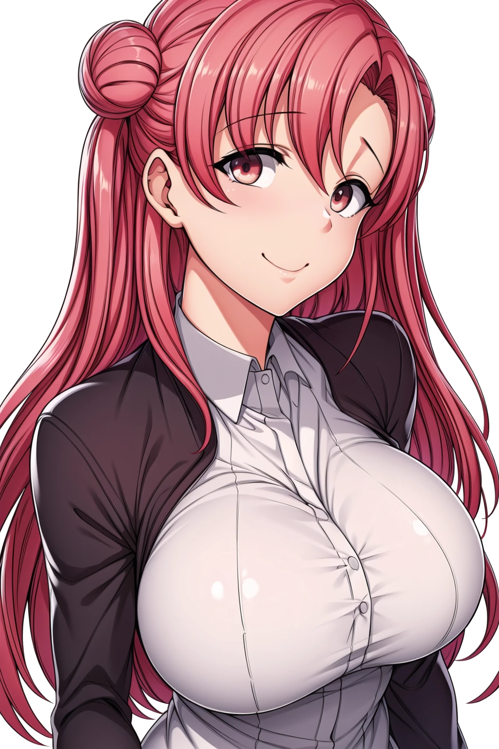 Simple White Background,
dynamic pose,standing at attention,
School uniform, Black jacket, white shirt, red ribbon, long sleeves,
<lora:Manaka_Miyama_DreamingMaiden-KK77-V1:0.7>,
Red eyes, pink hair,bangs,long hair, side buns,
<lora:Oda_Non_Style-KK77-V2:0.1>,<lora:Reika_Kurashiki_SaiminSeishidou-KK77-V2:0.1>,<lora:more_details:0.3>,
1 girl, 20yo,Young female,Beautiful long legs,Beautiful body,
Beautiful Nose,Beautiful character design, perfect eyes, perfect face,expressive eyes,perfect balance,
looking at viewer,(Focus on her face),closed mouth, (innocent_big_eyes:1.3),(Light_Smile:1.2),
official art,extremely detailed CG unity 8k wallpaper, perfect lighting,Colorful, Bright_Front_face_Lighting,White skin,
(masterpiece:1.0),(best_quality:1.0), ultra high res,4K,ultra-detailed,
photography, 8K, HDR, highres, absurdres:1.2, Kodak portra 400, film grain, blurry background, bokeh:1.2, lens flare, (vibrant_color:1.2),professional photograph,
(Beautiful,large_Breasts:1.4), (beautiful_face:1.5),(narrow_waist),