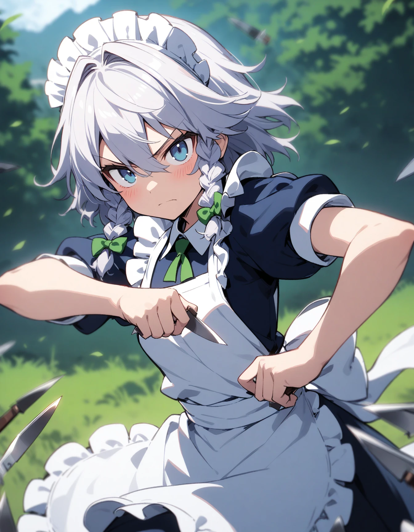 1girl, izayoi sakuya, touhou, solo, maid headdress, maid, apron, short sleeves, dress, closed mouth, white apron, looking at viewer, maid apron, puffy short sleeves, frills, puffy sleeves, black dress, frilled apron, hair between eyes, outdoors, blush, throwing knives, knives, serious face, upper body, masterpiece, best quality, very aesthetic, absurdres