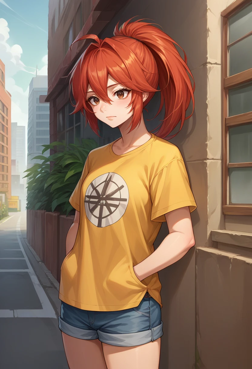 score_9, score_8_up, source_anime, 1girl, solo, AdrianaRivera, red hair, long hair, ponytail, hair between eyes, brown eyes, t-shirt, denim shorts, standing, outdoors, city, hands in pockets, <lora:ChamAdrianaRiveraPonyXL:1>