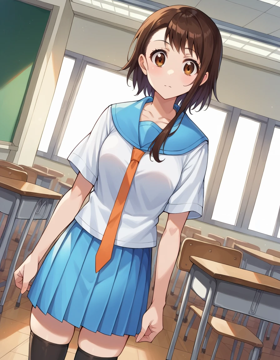 score_9, score_8_up, score_7_up, source_anime,
kosakionodera, <lora:kosaki-onodera-ponyxl-lora-nochekaiser:1>,
kosaki onodera, short hair, bangs, brown hair, brown eyes, short hair with long locks, asymmetrical hair, embarrassed, blush,
skirt, shirt, thighhighs, school uniform, collarbone, white shirt, pleated skirt, necktie, serafuku, sailor collar, blue skirt, blue sailor collar, orange necktie,
indoors, classroom,
looking at viewer, cowboy shot, dutch angle,