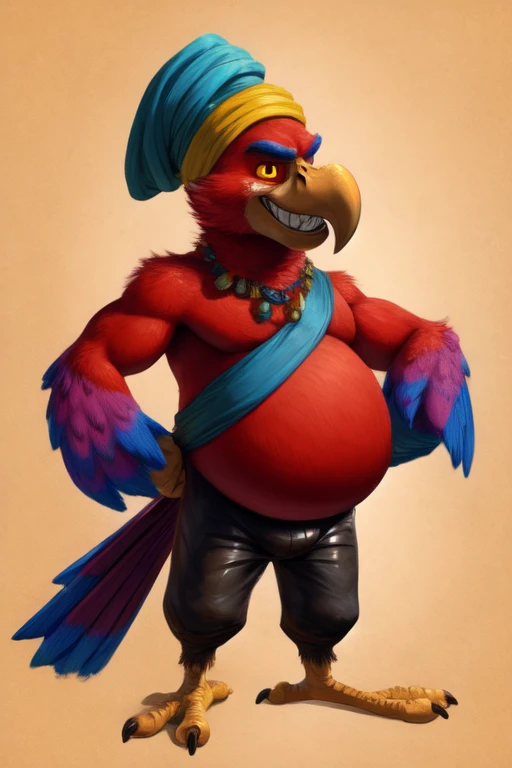 solo, male, iago, scarlet macaw, anthro, avian, yellow sclera, black eyes, eyebrows, head tuft, (red body, red feathers:1.2), winged-arms, wing-hands, tail feathers, full-length portrait, masterpiece, extreme detail, standing, talons, avian feet, leaning, slightly chubby, (turban:1.1), oversized pants, puffy pants, sash, chest tuft, elbow tuft, grin