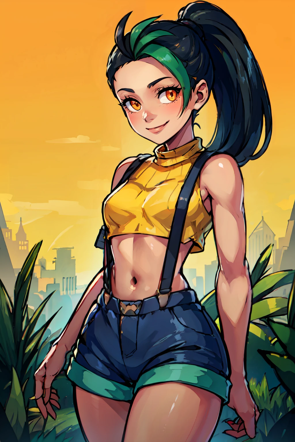 ((masterpiece,best quality)), absurdres, <lora:Nemona_Pokemon:0.7>, Nemona_Pokemon,  black hair, green hair, orange eyes, dark skin, multicolored hair, two-tone hair, hair pulled back,   <lora:Misty_Pokemon_Cosplay_v3:0.8>, misty (pokemon) (cosplay), yellow crop top, suspenders, solo, smiling, looking at viewer, cowboy shot,