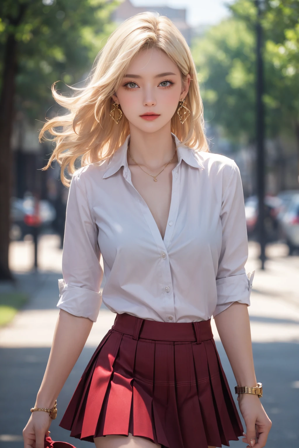 <lora:Again_Girl_A16:0.8>, 1girl, breasts, skirt, blurry, earrings, jewelry, blurry background, looking at viewer, shirt, solo, long hair, blonde hair, open clothes, pleated skirt, outdoors, cowboy shot,