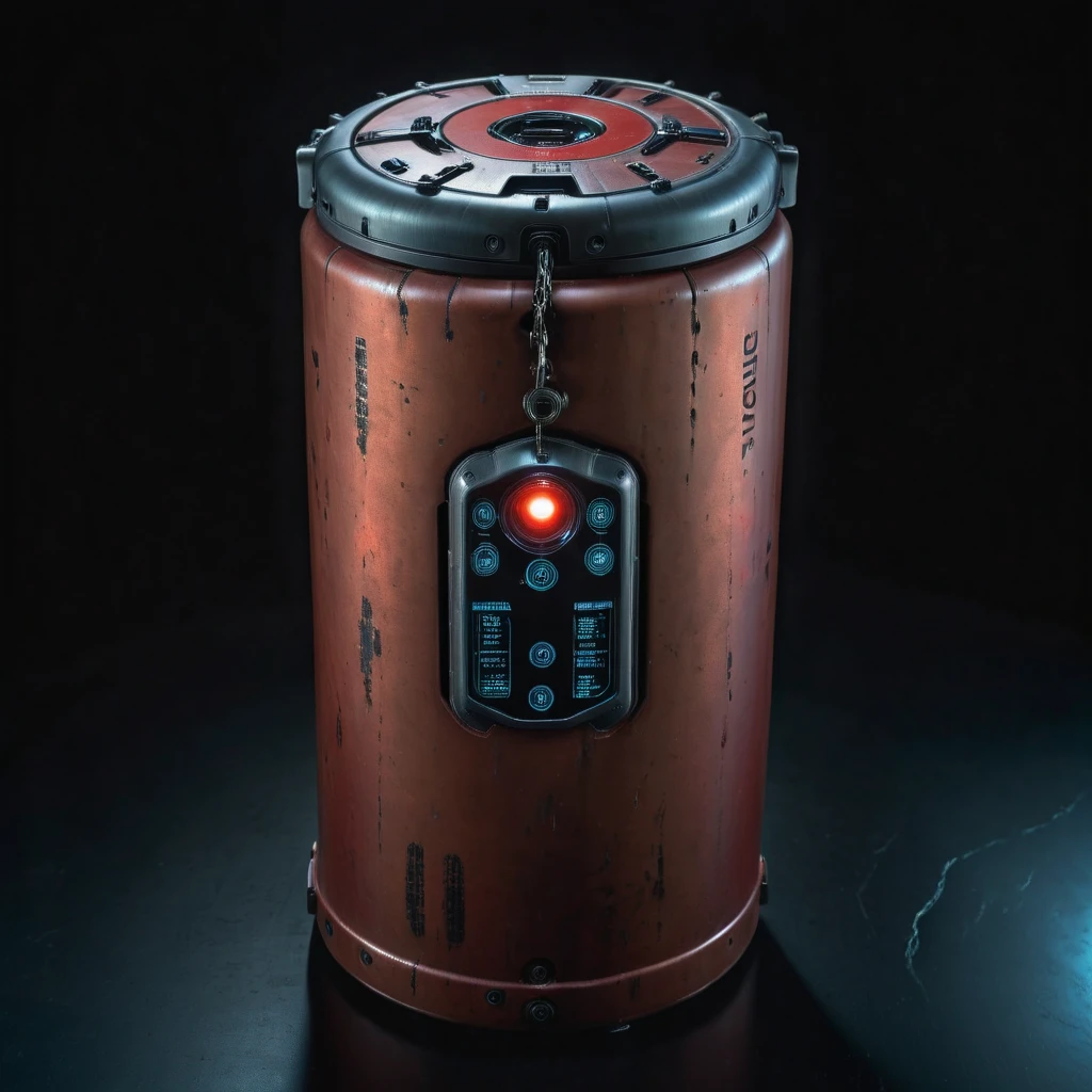 photo focus on military cylindrical plasma container with hydraulic metal lock, from above, science fiction, glowing cyberpunk, translucent, <lora:IteMaker-v1e3:1>, black background, red theme , film, professional, 4k, highly detailed, grit, (rust:0.65), cracks, cracked surface, subtle messy, dust, weary, edges rusty dusty, surface scratches, peeled sun bleeched paint, smudges, crumbles, rugged, used