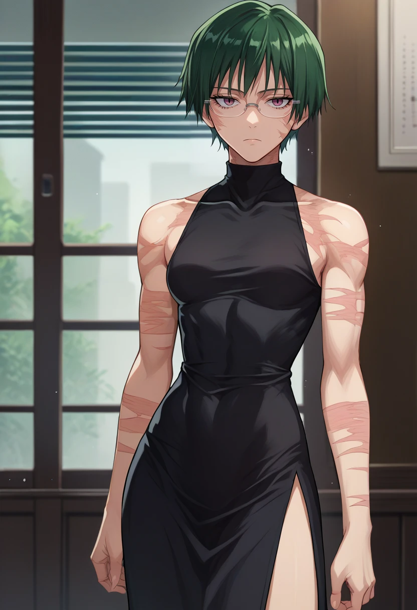 score_9, score_8_up, score_7_up, solo, 1girl, makishibuya, burn scar, toned, expressionless, looking at viewer, standing, short hair, green hair, glasses, black dress, sleeveless dress, side slit, bare shoulders, indoors <lora:jjk_makizenin_ponyXL:1>