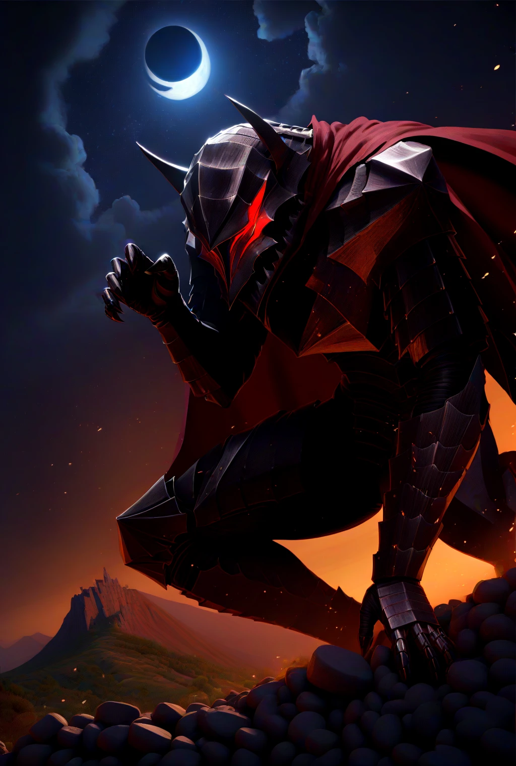 1boy, Guts_Berserker, helmet, red eyes, glowing, black armor, clawed gauntlets, claws, torn cape, blood on clothes, cinematic angle, medieval, night, moonlight, hill, stones, starry sky, masterpiece, best quality, <lora:GutsAnimdxlDwnsty:1>, claw pose,