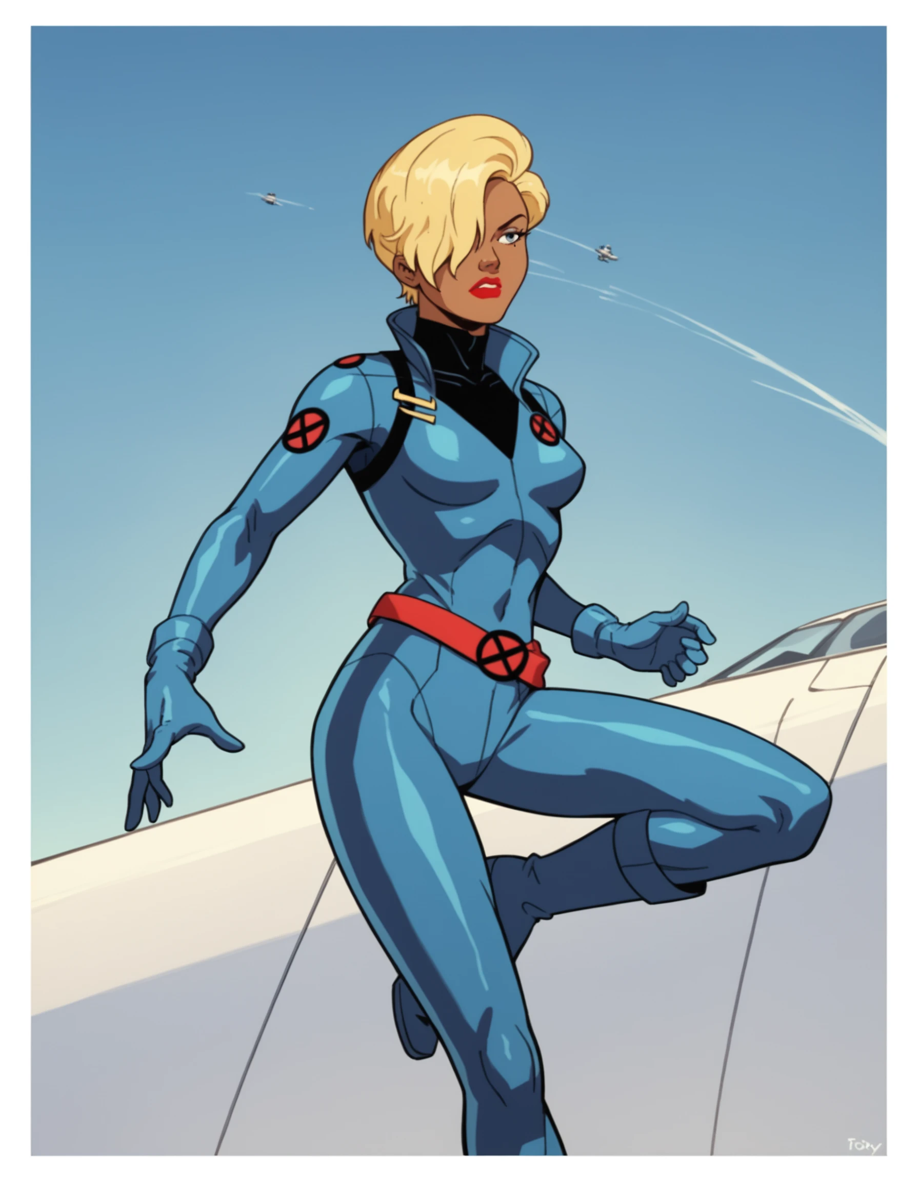 score_9, score_8_up, score_7_up, score_6_up, score_5_up, score_4_up, Marvel Cel-Shade Style, 1girl, belt, blonde hair, blue bodysuit, bodysuit, boots, gloves, hair over one eye, lipstick, makeup, pilot suit, dark skin, dark skinned female, retro artstyle, short hair, solo, uniform, <lora:xmen_celshadePonyXL:0.8>