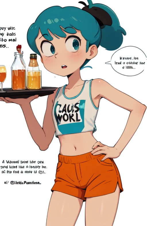 masterpiece, high quality, <lora:Hilda-Netflix_SD1-5 V1:1> Hilda, blue hair, medium hair, looking at viewer, flat chest, simple background, white background, navel, ponytail, shorts, midriff, uniform, english text, cup, crop top, hand on hip, tank top, bottle, alcohol, tray, waitress, employee uniform, brand name imitation, "raisins", orange shorts, spech bubble