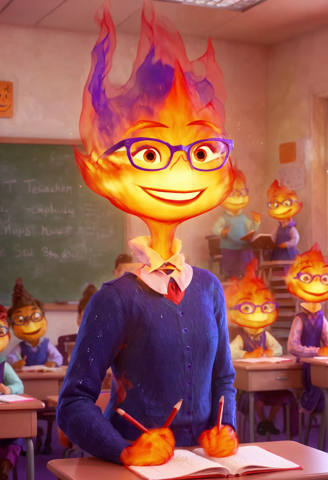 concept art happy (disney studio Ember:1.1) as a teacher at school classroom, glasses <lora:Ember:1>, digital artwork, illustrative, painterly, matte painting, highly detailed