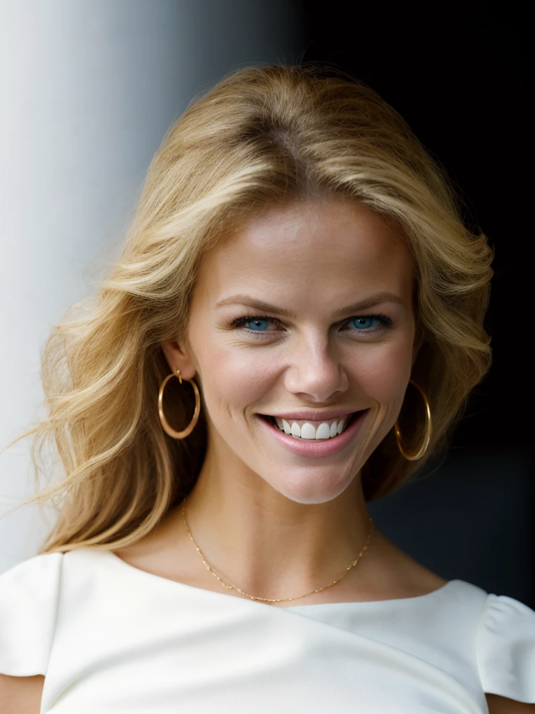 A beautiful br00klynd woman,1girl,solo,long hair,breasts,looking at viewer,smile,blue eyes,blonde hair,dress,cleavage,jewelry,medium breasts,multicolored hair,teeth,necklace,grin,realistic,yellow dress,soft lighting, professional Photography, Photorealistic, detailed, RAW, analog, sharp focus, 8k, HD, high quality, masterpiece<lora:br00klynd:1.0>