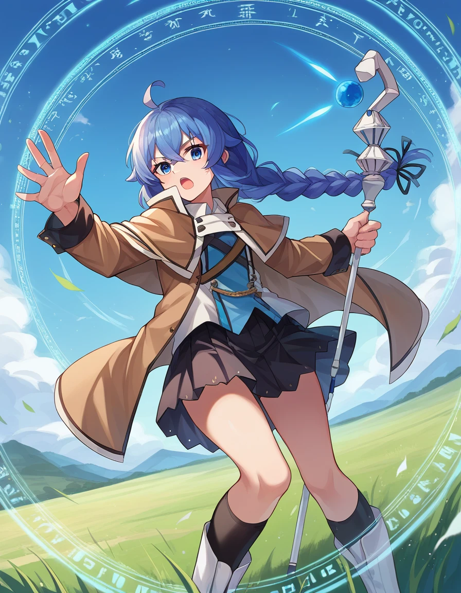 score_9, score_8_up, score_7_up, source_anime,
roxymigurdia, <lora:roxy-migurdia-ponyxl-lora-nochekaiser:1>,
roxy, ahoge, black ribbon, blue eyes, blue hair, braid, hair between eyes, hair ribbon, long hair, twin braids, very long hair, open mouth,
black legwear, black skirt, capelet, jacket, brown jacket, long sleeves, miniskirt, open clothes, open jacket, pleated skirt, skirt, white capelet, white footwear, white jacket,
outdoors, fields, dessert, oasis, fighting stance, magic, magic circle, staff, holding staff, wind,
looking at viewer, cowboy shot, dutch angle,