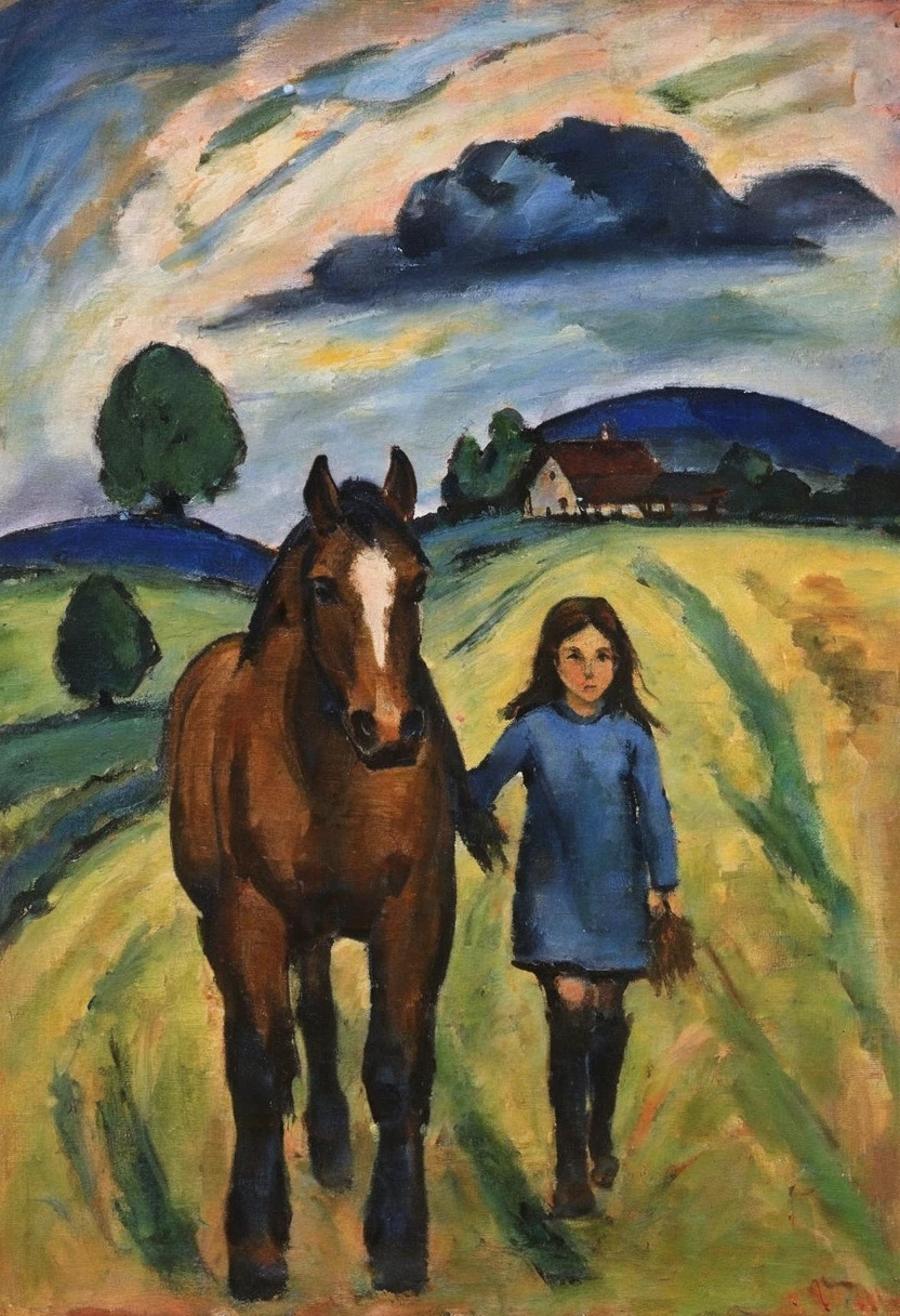 expressionist painting of a young girl leading her horse on a country farm with distant hills and a dramatic sky