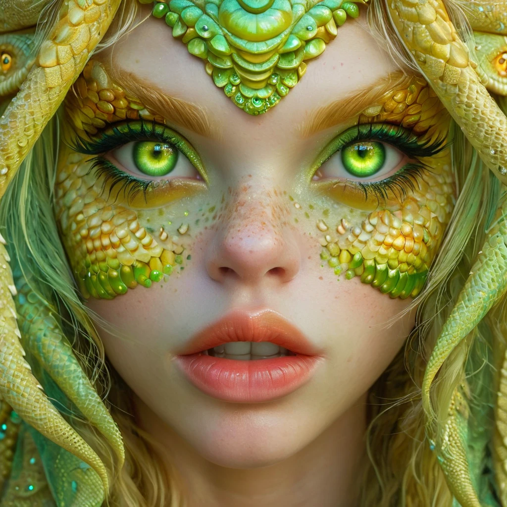 concept art 1girl, solo, green eyes, blonde hair, parted lips, portrait, realistic, lips, freckles, eyelashes, long hair, scales, teeth, close-up, monster girl, looking at viewer,<lora:renlian-000005:1>, . digital artwork, illustrative, painterly, matte painting, highly detailed