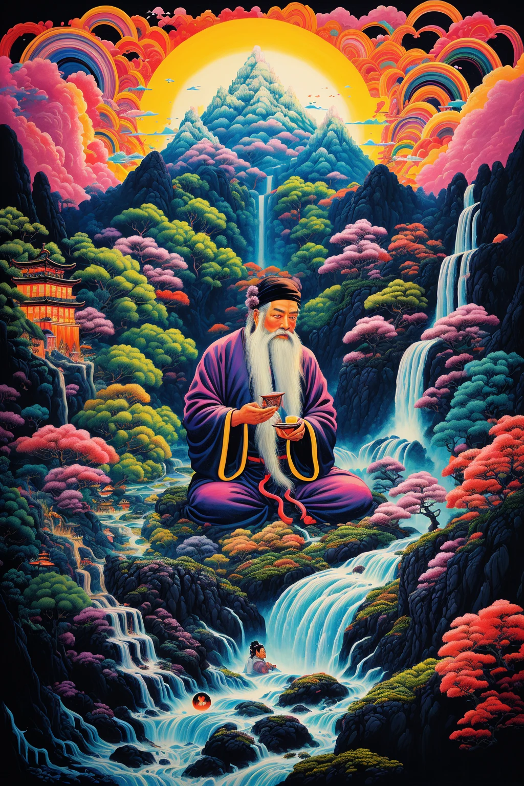 a painting of a man sitting in a river with a mountain in the background and a waterfall in the foreground,Chinese landscape painting,a map with Chinese Lushan Mountain, waterfalls,futuristic psychedelia, colorful moebius, romanticized nostalgia, bright colors,