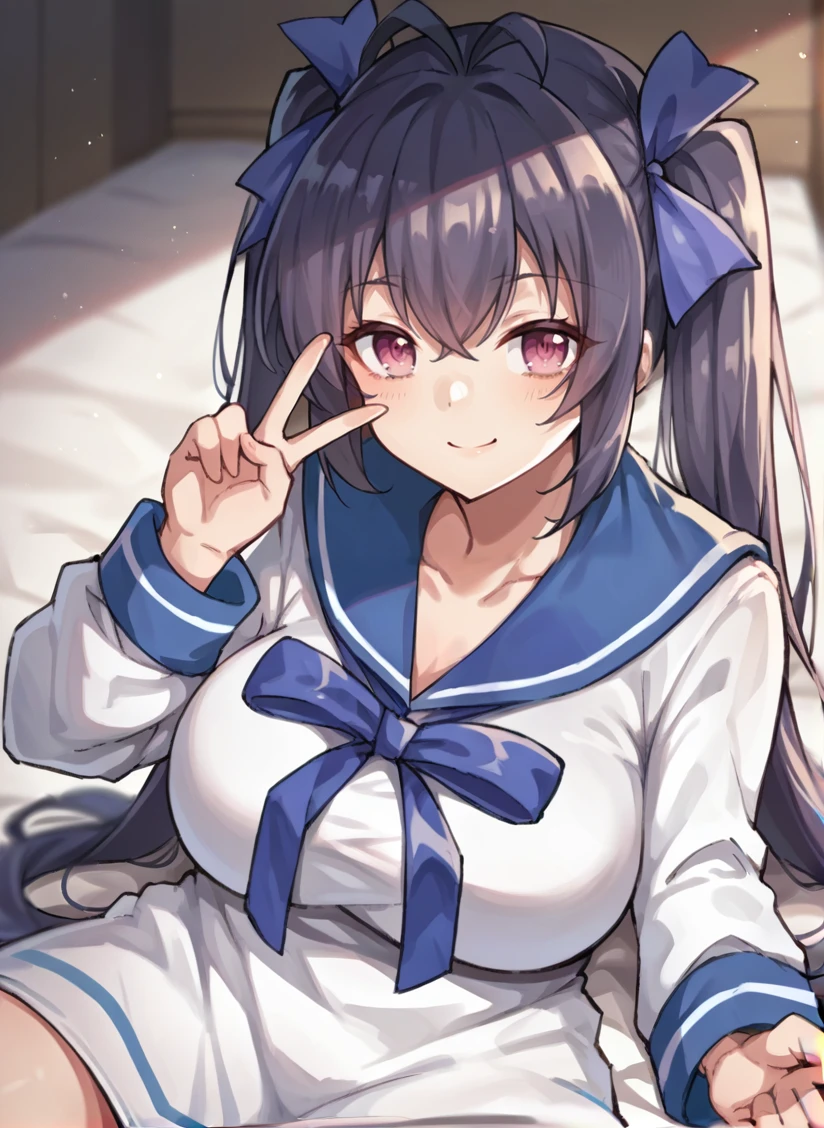 score_9, score_7_up, score_6_up, source_anime, 1girl, solo, hakobenaru, pink eyes, large breasts, sailor dress, blue sailor collar, long sleeves, hair ribbon, ribbon, from front position, portrait, light smile, v, <lora:naru_SDXL-09:1>