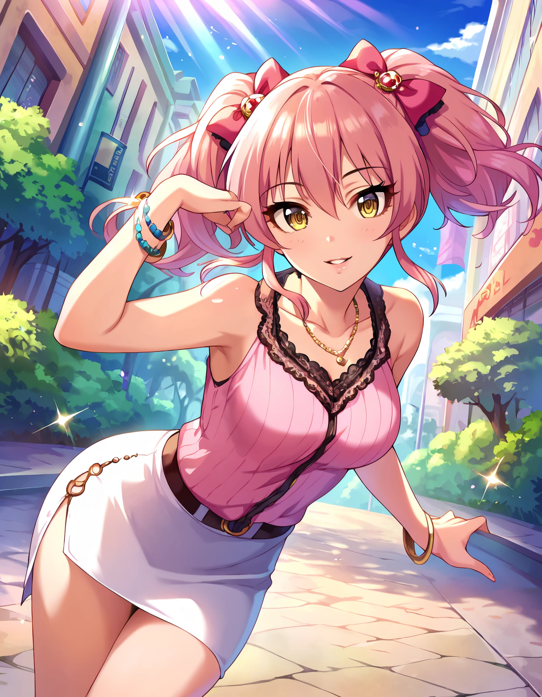 cinematic photo,
score_9, score_8_up, score_7_up, source_anime,
pinup of 1girl, solo, joyful, smile, parted lips, boutique, building, day, blue sky, sunlight, looking at viewer,
<lora:JogasakiMika_pony_v1:0.8>
jgskmk, pink hair, long hair, twintails, sidelocks, hair between eyes, hair bow, yellow eyes, eyelashes, medium breasts,
pink shirt, bare shoulders, frills, lace trim, collarbone, pencil skirt, miniskirt, side slit, sandals, jewelry, necklace, bracelet,
,
35mm photograph, film, bokeh, professional, 4k, highly detailed,