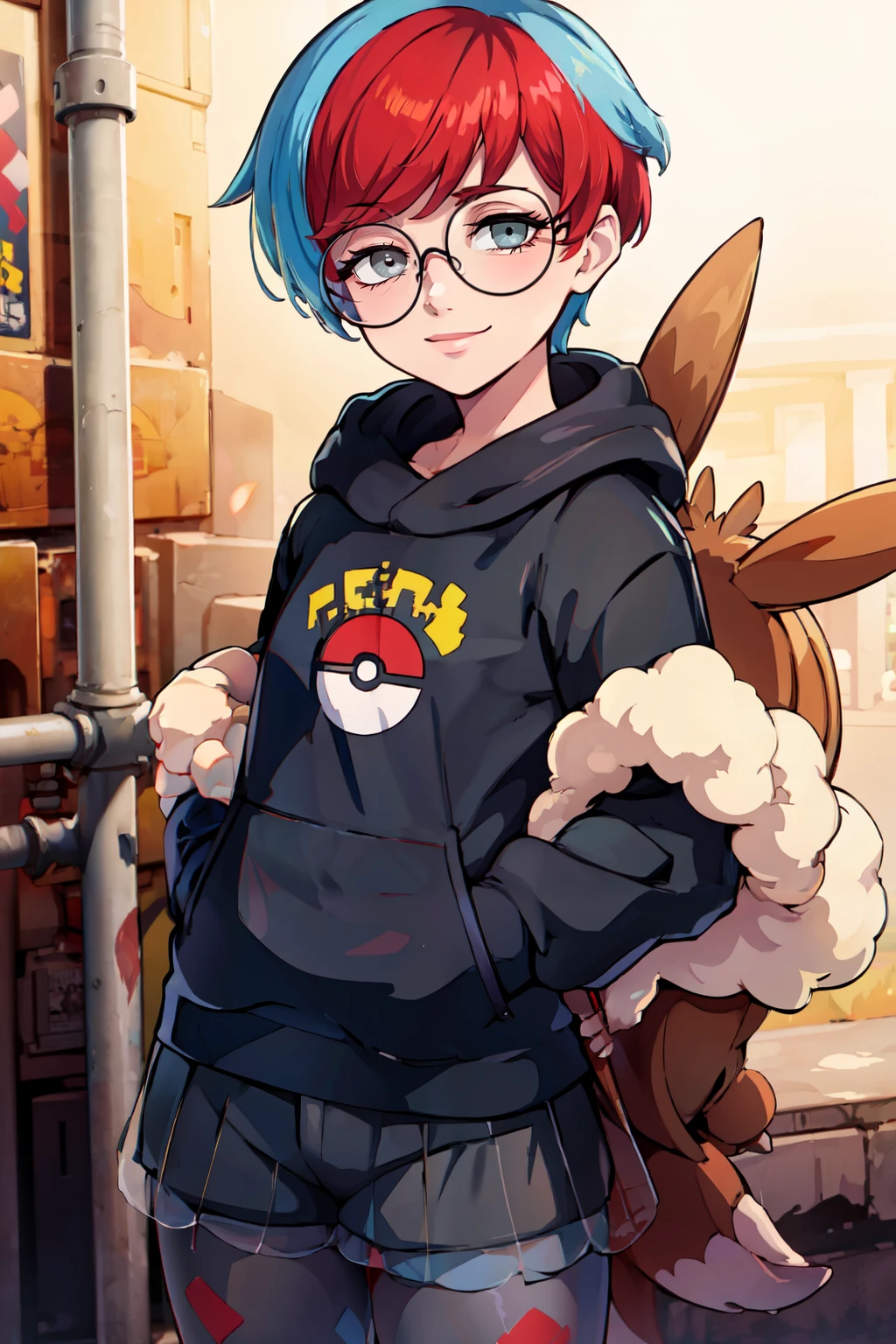 ((masterpiece,best quality)), absurdres, <lora:Penny_Pokemon:0.8>, Penny_Pokemon, 1girl, solo, multicolored hair, two-tone hair, red hair, blue hair, grey eyes, round eyewear, black hoodie, short shorts, grey pantyhose, see-through skirt, backpack, solo, smile, looking at viewer, cowboy shot, contrapposto,