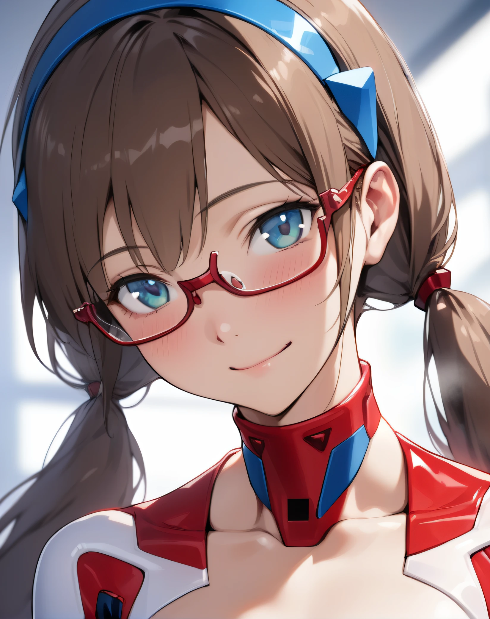 (masterpiece,best quality,ultra sharp focus), 1girl,solo,long hair,looking at viewer,smile,blue eyes,brown hair,bare shoulders,twintails,closed mouth,collarbone,hairband,glasses,choker,portrait,semi-rimless eyewear,red-framed eyewear,under-rim eyewear,plugsuit,makinami mari illustrious <lora:Mari:0.7>