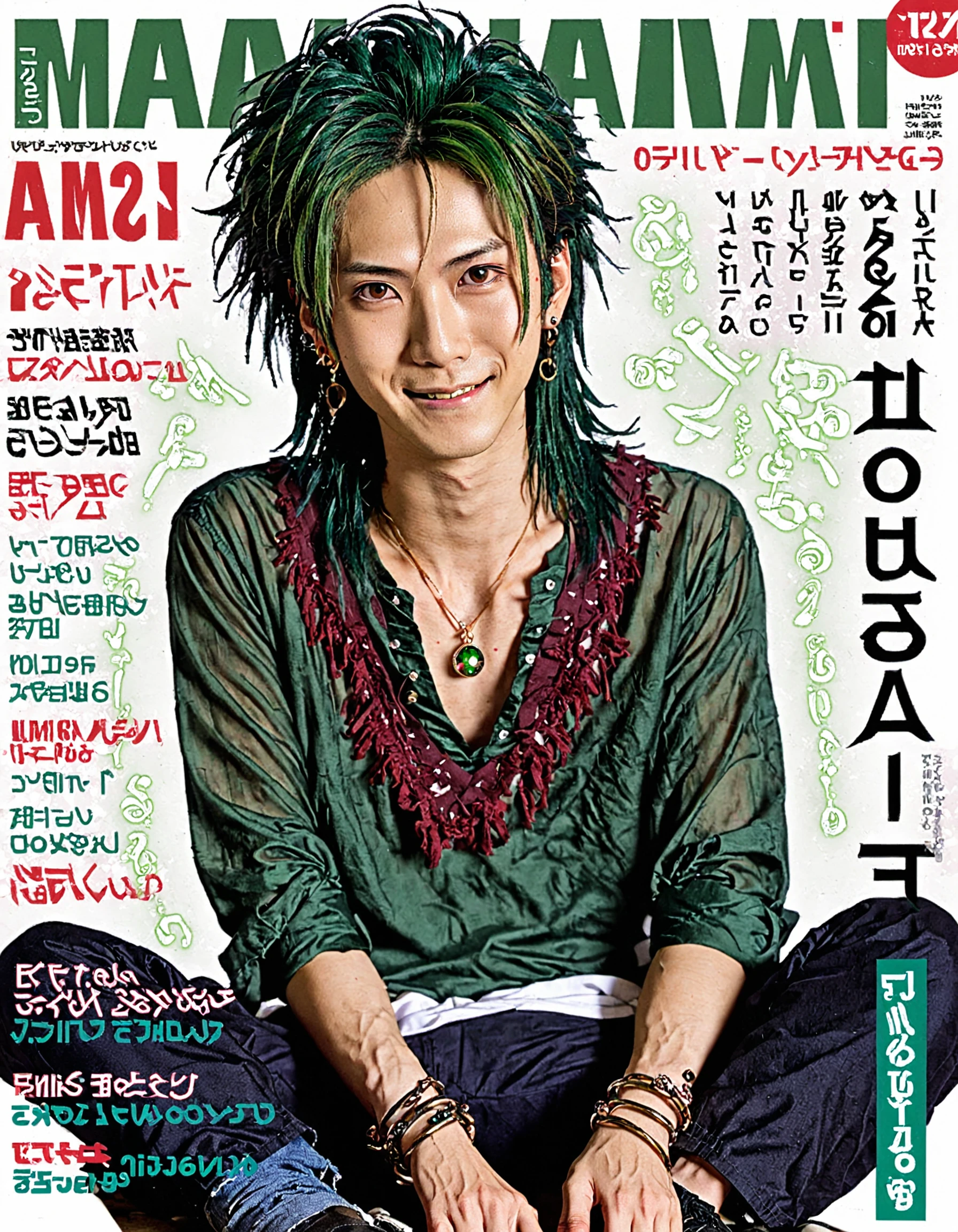 Japanese Music Magazine Style, 1boy, blood, brown eyes, earrings, green hair, hair between eyes, jewelry, long hair, looking at viewer, male focus, necklace, pants, ring, shirt, sitting, smile, solo, fake manga cover, magazine cover, text,<lora:NihonMagStyleXL:0.8>