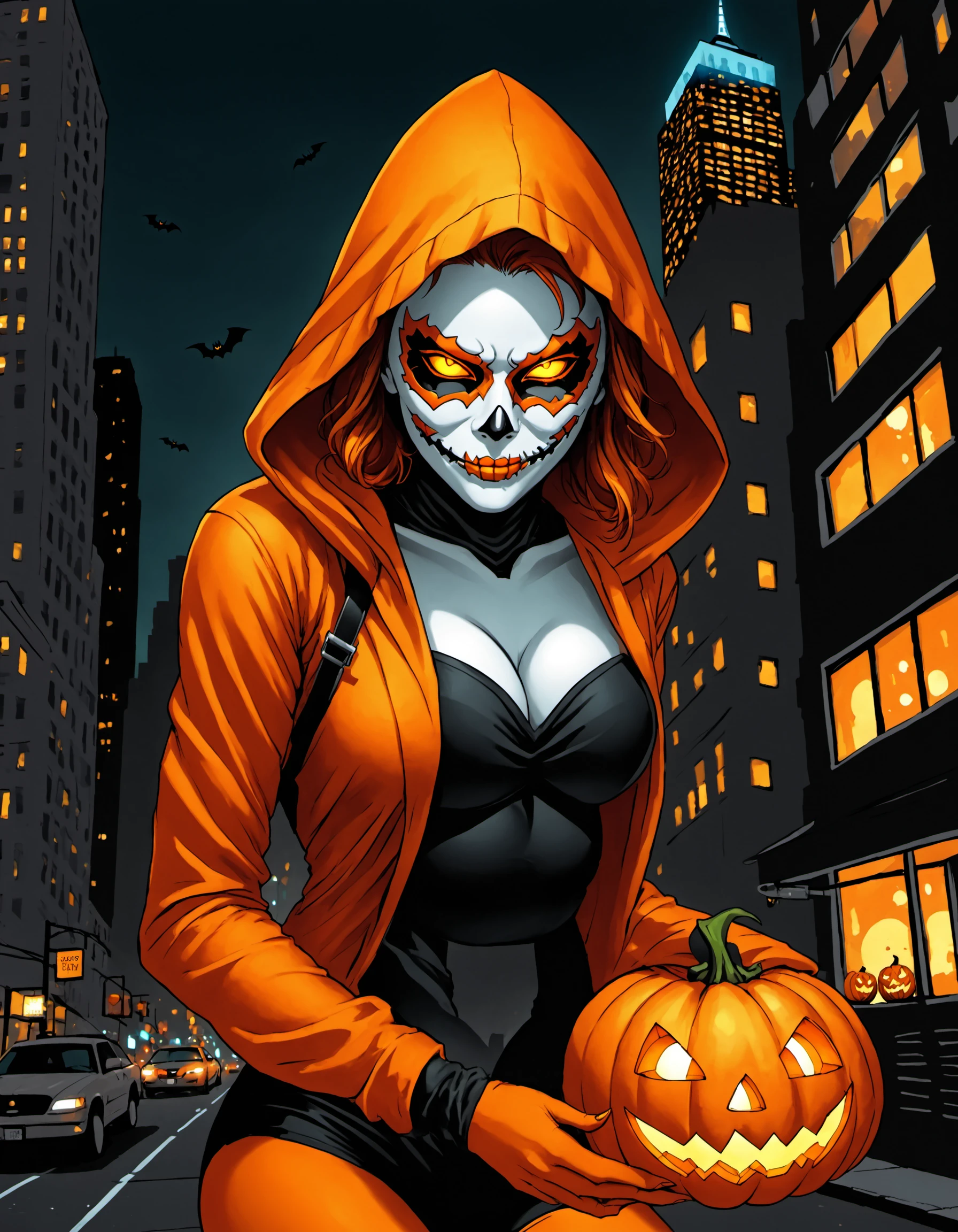 Hallows Eve, ((solo, solo focus)), glowing eyes, hood, 1girl, glowing, colored skin, yellow eyes, parted lips, hood up, white skin, orange eyes, mask, domino mask, jack o lantern, looking at viewer, (seductive smirk), new york, outdoors, city scene, full body, <lora:HallowsEveXL:0.8>