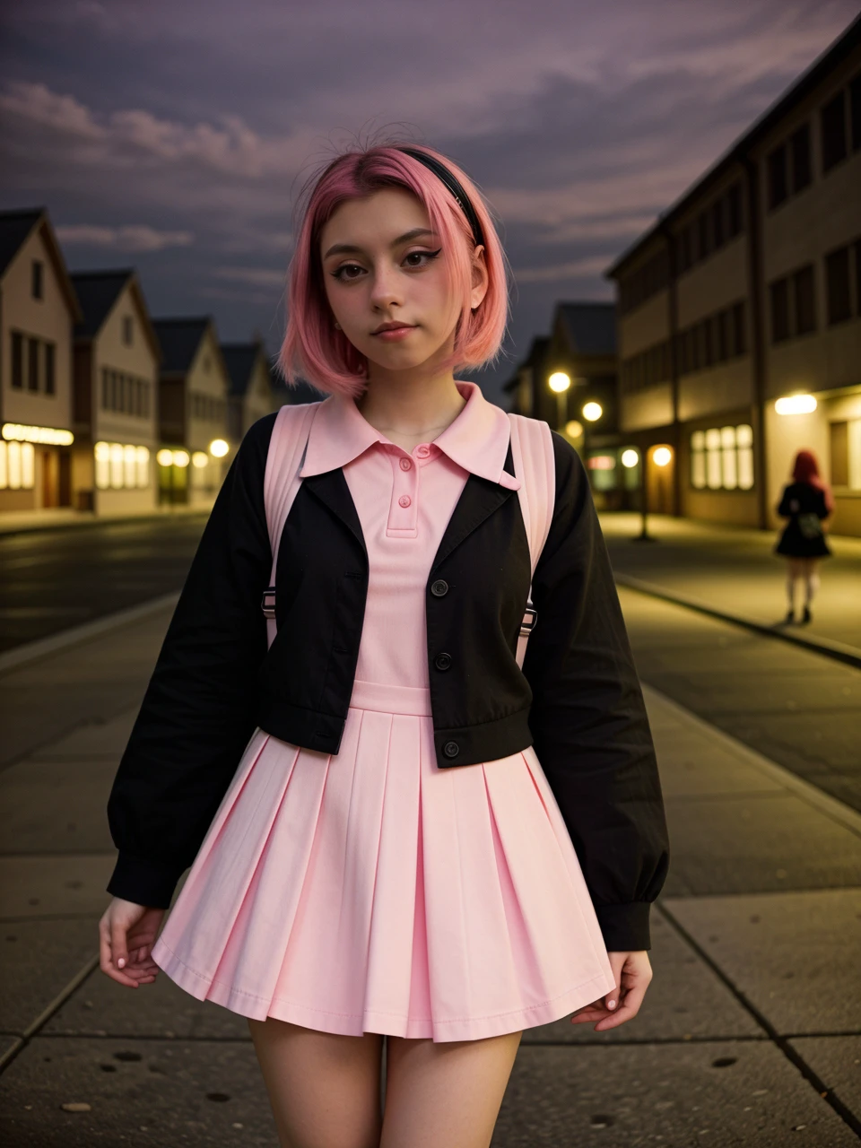 pink hair, girl dress, night street, bokeh <lora:dora15:1>