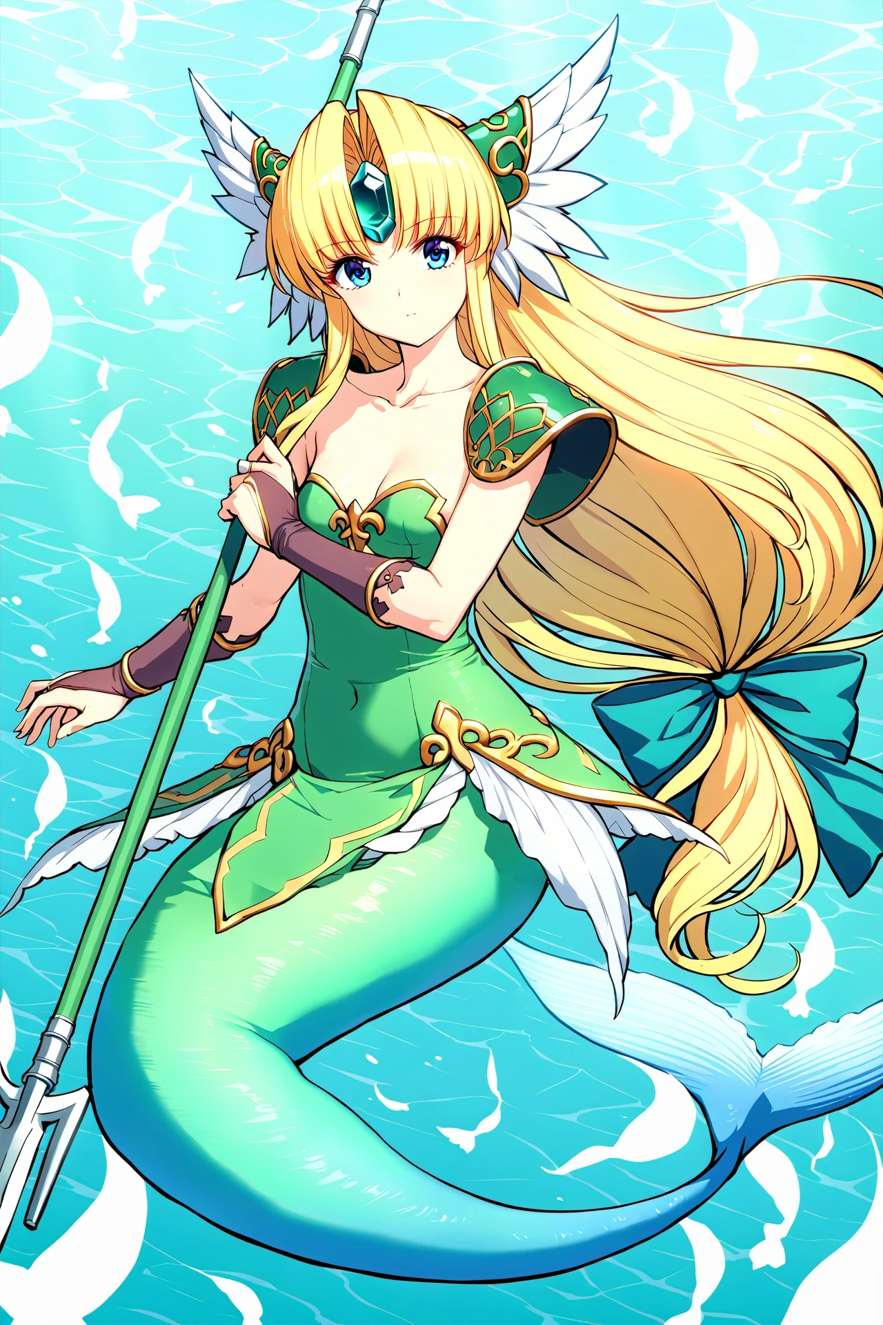 ((Masterpiece, best quality, illustration, high resolution, hyper detail, finely detailed, ultra-detailed),
8k, Wallpaper, grand, an extremely delicate and beautiful, anime, pixiv, colorful, distinct, bishoujo),
detailed cute anime face, perfect face, sharp
BREAK
<lora:SDXL_LoCon_mermaid_dataset_WCoff_bt04_ep016_09800_1024_dim128_a064_con064_a032_LR00010_snr05_noise00_del:1>,
Mermaid, monster_girl,
1girl, solo, full body, underwater,
<lora:riesz_sdxl_locon_ani_v1:0.7>,Riesz,blue_eyes,blonde_hair,low-tied_long_hair,sidelocks,parted_bangs,hair_intakes,green_hair_bow,collarbone,holding_spear,
Trials_of_mana,winged_helmet,forehead_jewel,shoulder_armor,pauldrons,strapless,short_green_dress,leotard,bridal_gauntlets,green_skirt