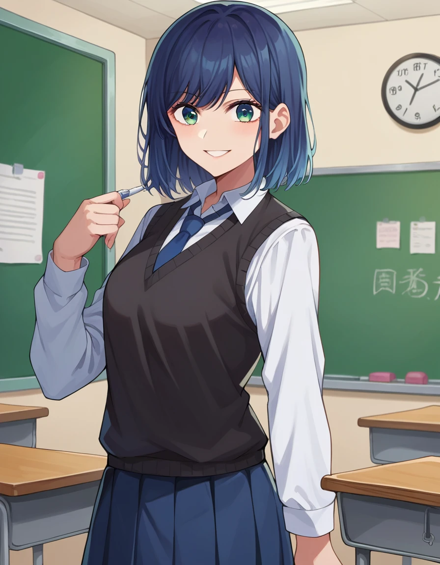 score_9, score_8_up, score_7_up, source_anime,
akanekurokawa, <lora:akane-kurokawa-ponyxl-lora-nochekaiser:1>,
akane kurokawa, bangs, green eyes, blue hair, medium hair, dark blue hair, smile,
shirt, school uniform, white shirt, necktie, collared shirt, vest, blue necktie, skirt, blue skirt,
indoors, classroom,
looking at viewer, cowboy shot, dutch angle,