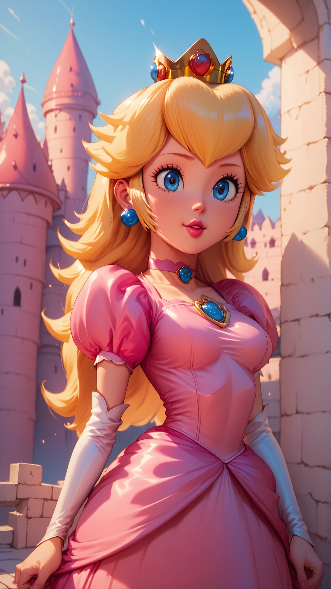 score_9, score_8_up, score_7_up, score_6_up, score_5_up, score_4_up, (princess peach), (front view), (oily skin), (long blonde hair), very large breasts, (pink tennis shirt), ((deep cleavage)), (white tennis skirt), (cute white panties), sexy curves, big head, (solo), playing tennis, holding tennis racket, hitting tennis ball, pink lips, (blue eyes), looking to the side, concentrated expression, kissing expression, smiling, cute expression, sweating, heavy breathing (tennis ground background)