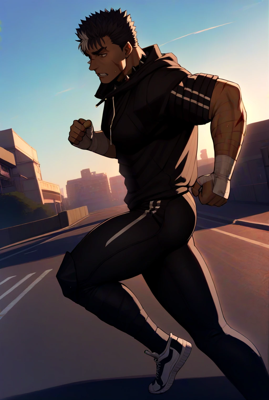 1boy, Guts_Armor, brown eyes, short hair, multicolored hair, spiked hair, scar on nose, black hoodie, track pants, cinematic angle, streets, sunlight, blue sky, masterpiece, best quality,  <lora:GutsAnimdxlDwnsty:1>, one eye closed, muscular male, jogging, running, sweat,
