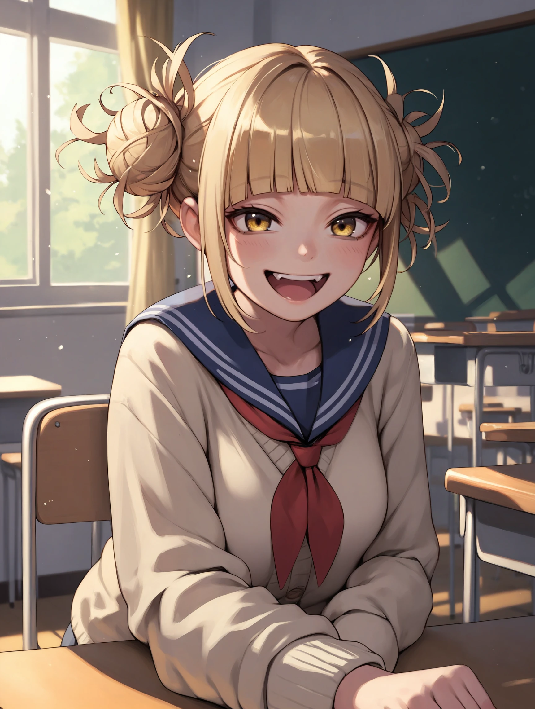 Hana Midorikawa、Himiko Toga、School uniform、blonde  hair、Show your teeth and grin、white  panties、Squatting、Open knees、Put hand on cheek