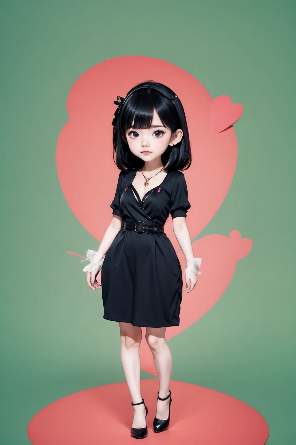 <lora:AgainChibiLora_v1:1>,1girl, 1boy, solo, mole under eye, jewelry, mole, heart, black hair, necklace, dress, black eyes, black dress, black footwear, full body, breasts,