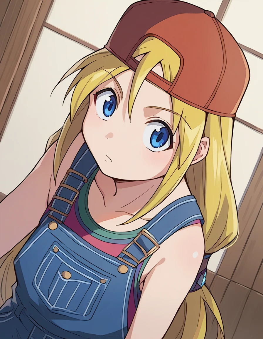 score_9, score_8_up, score_7_up, source_anime,
sarahmcdougal, <lora:sarah-mcdougal-ponyxl-lora-nochekaiser:1>,
sarah mcdougal, long hair, blue eyes, blonde hair,
hat, baseball cap, overalls,
indoors,
looking at viewer, dutch angle, cowboy shot,