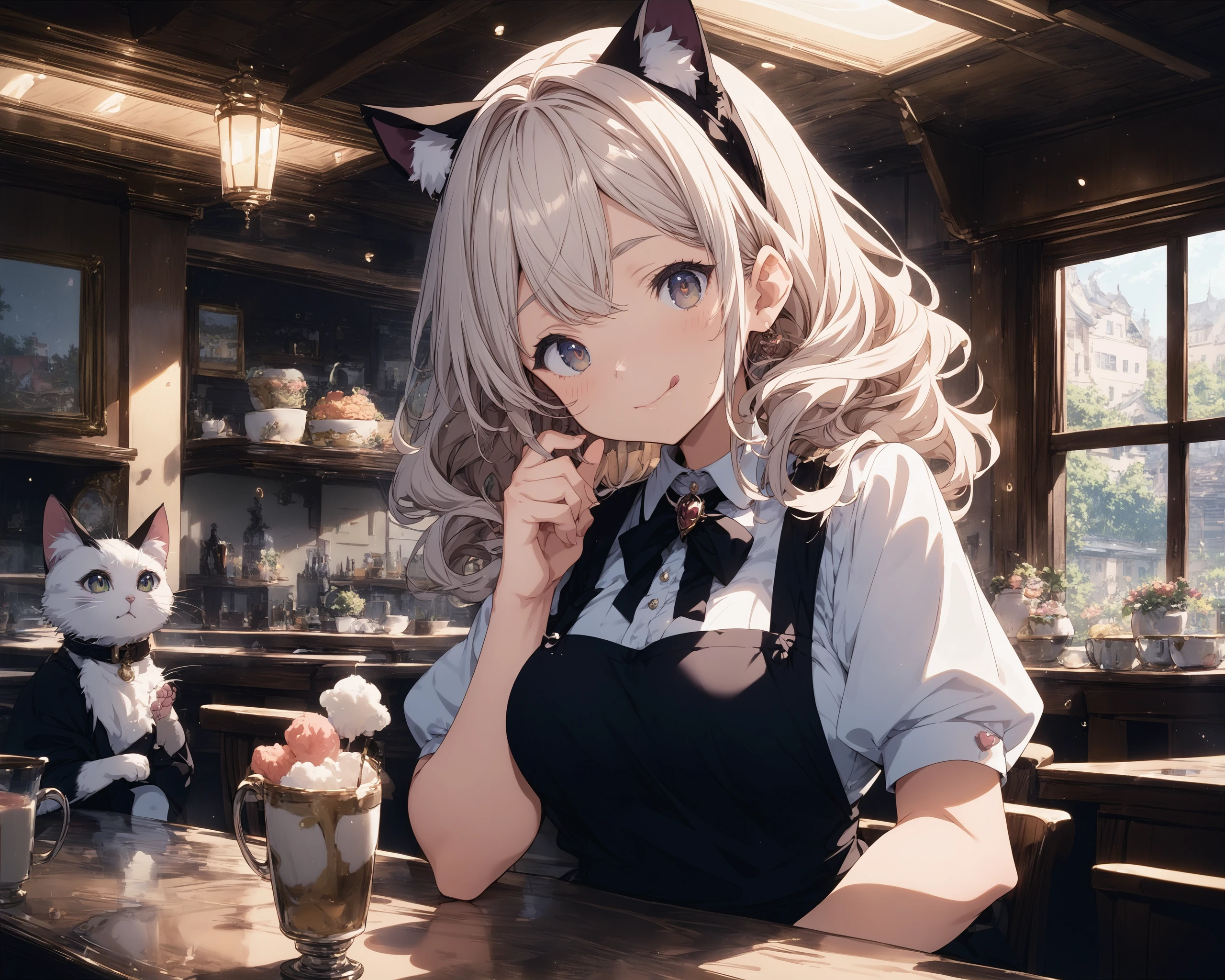 score_9,score_8_up,score_7_up,source_anime,
masterpiece,best_quality,highres,absurdres,
BREAK
1girl,
waitress,
cat_ears,
wavy_hair,
closed_mouth,tongue_out,
upper_body,
indoors,
cafe,