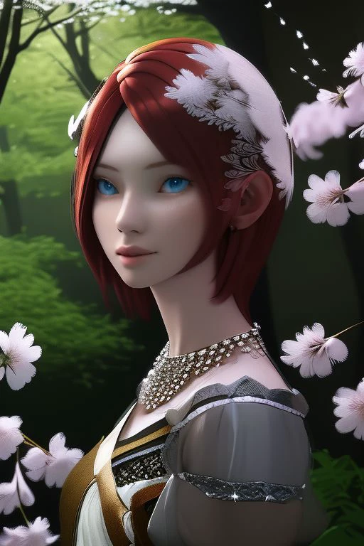 Tall, High quality, nonblurry, female focus, Ultra HD, HDR, 4K, hyperdetailed, smooth lighting, solo, (fully clothed, masterpiece, epic lighting, good shading, studio quality), Princess Elise, fair skin, short red hair, blue eyes, white dress, silver earrings, a gem necklace, tan pantyhose, red and silver high heels, ((skinny, petite, epic lighting)), forest, cherry blossom forest, best_quality, perfect, cinematic lighting, highest quality, intricate details, hdr, cinematic, intense,