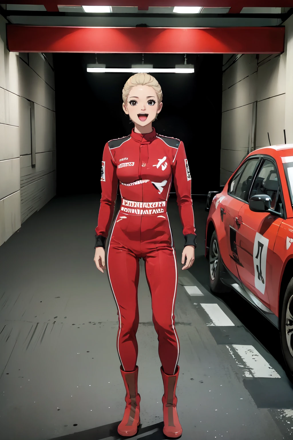 masterpiece,best quality,1girl,sierraknox, <lora:SierraKnox15:0.9>,small breasts,uniform,bodysuit,red clothes,pants,boots,standing,full body,happy,:d,in concrete garage,indoors, <lora:LORA-XenoDetailer-v2:0.1>