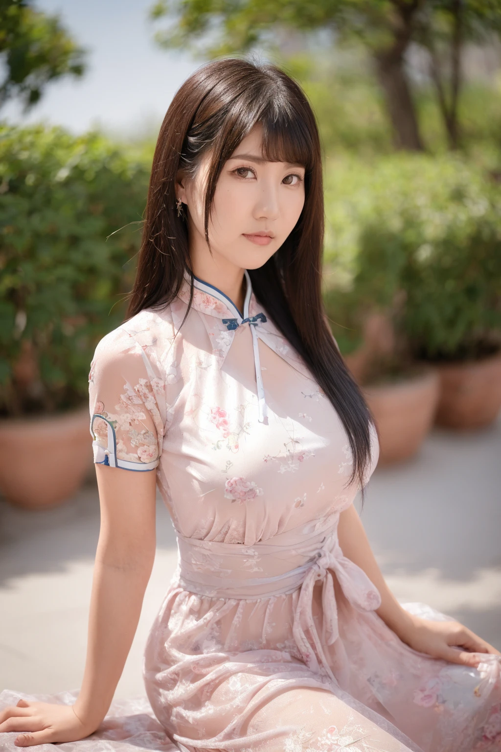 (global illumination, reality,ray tracing, HDR, unreal rendering, reasonable design, high detail, masterpiece,best quality, ultra high definition, movie lighting),
1girl,outdoor,looking_at_viewer,side_blunt_bangs,china_dress,chinese_style,big breasts,pose,solo,1girl,black hair,black eyes,qipao,<lora:æ¥æ¬å¥³ä¼å°é³¥é01:0.8>,