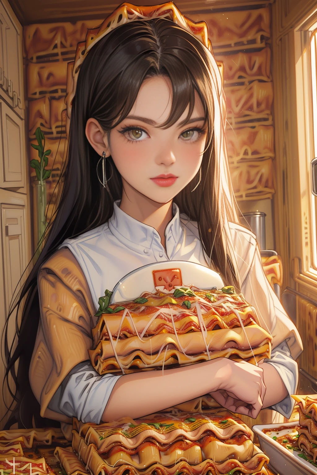 (1woman:1.2) cyber looking the kitchen <lora:LasagnaWorld:0.9> LasagnaWorld