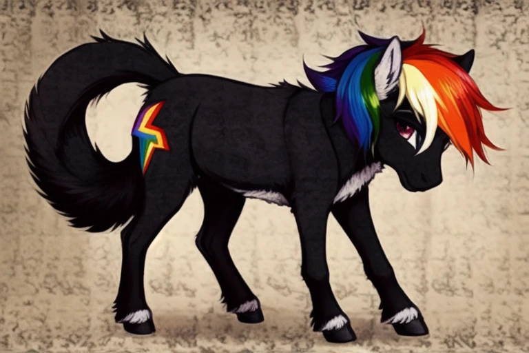 feral pony (((rainbow dash))) (masterpiece, best quality:1.1), ((fluffy tail)), (((perfect anatomy))), (((pony))),