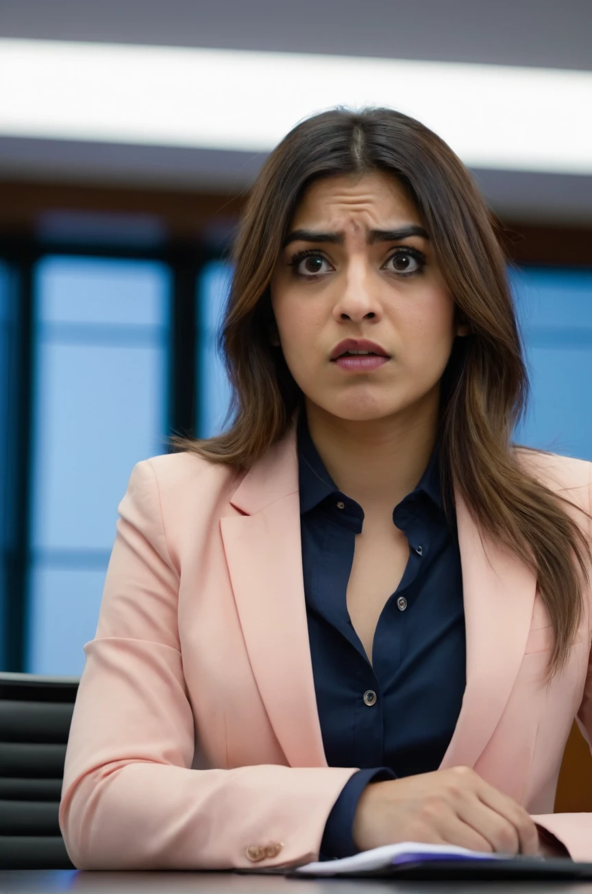 tv_Generic_25yo_Pakistani, , angry expression, wearing a pencil skirt, wearing a dress shirt, wearing a blazer, standing at the edge of a conference table, shot from below, cowboy shot, , 8k resolution, highres, high detail, sharp focus, , 8k uhd,